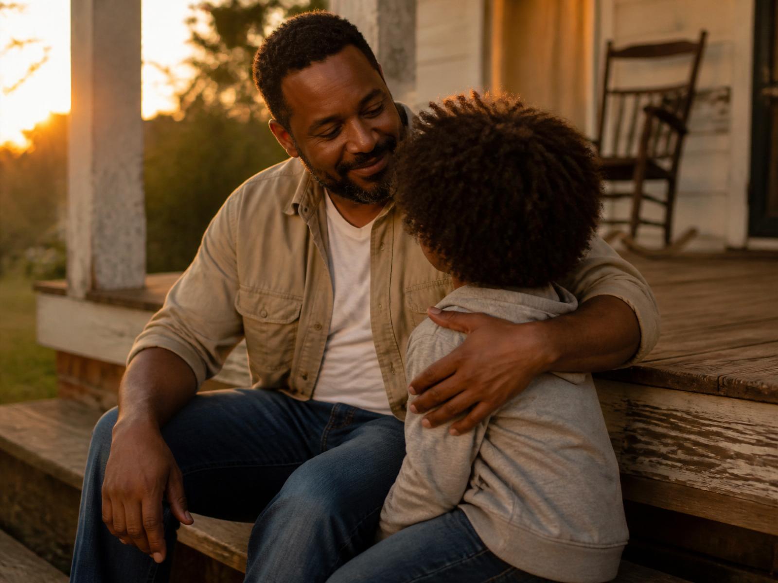 A foster father with his arm around a child on a porch at golden hour